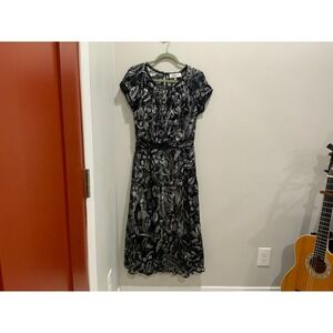 Un Jour Ailleurs Paris Silk Blend Tropical Leaf Print Midi Dress Black White 4